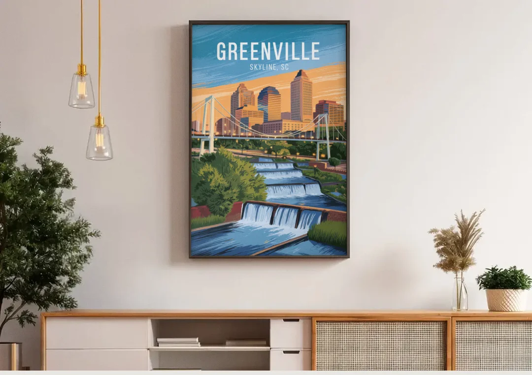 Greenville Skyline at Sunset canvas wall art above a wooden sideboard under pendant lights