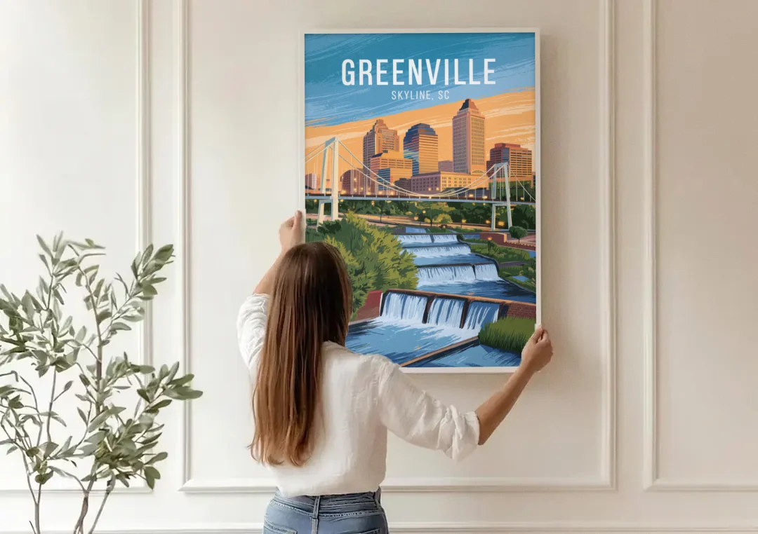 Greenville Skyline at Sunset canvas wall art being hung on a paneled wall