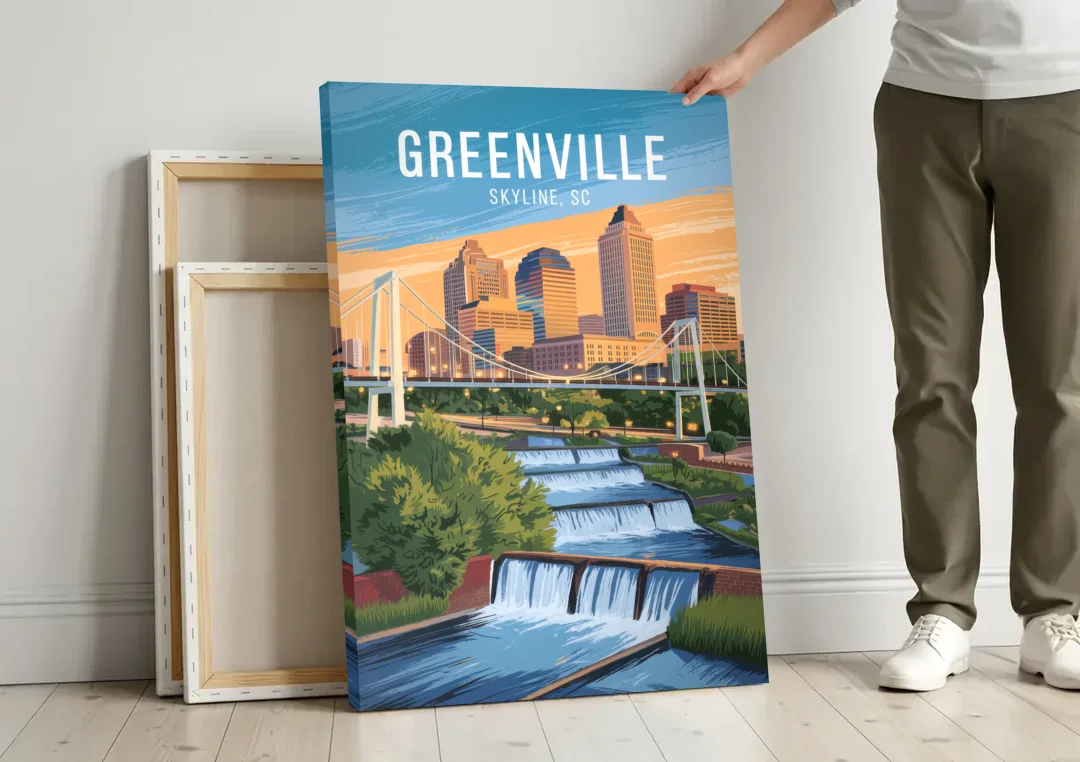 Greenville Skyline at Sunset canvas wall art leaning against a wall next to blank canvases