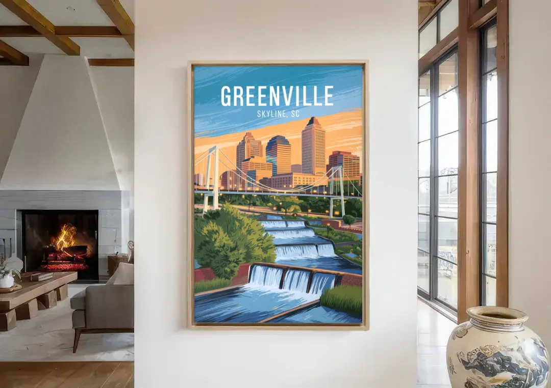 Greenville Skyline at Sunset canvas wall art in a living room with a fireplace