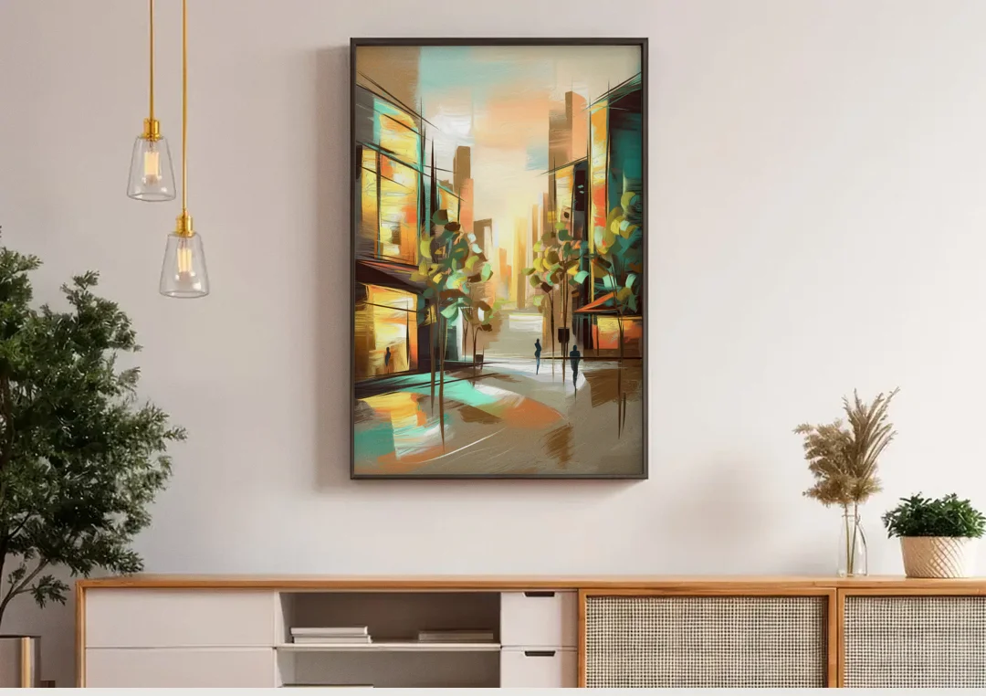 Greenville Urban Charm canvas wall art above a wooden sideboard under pendant lights