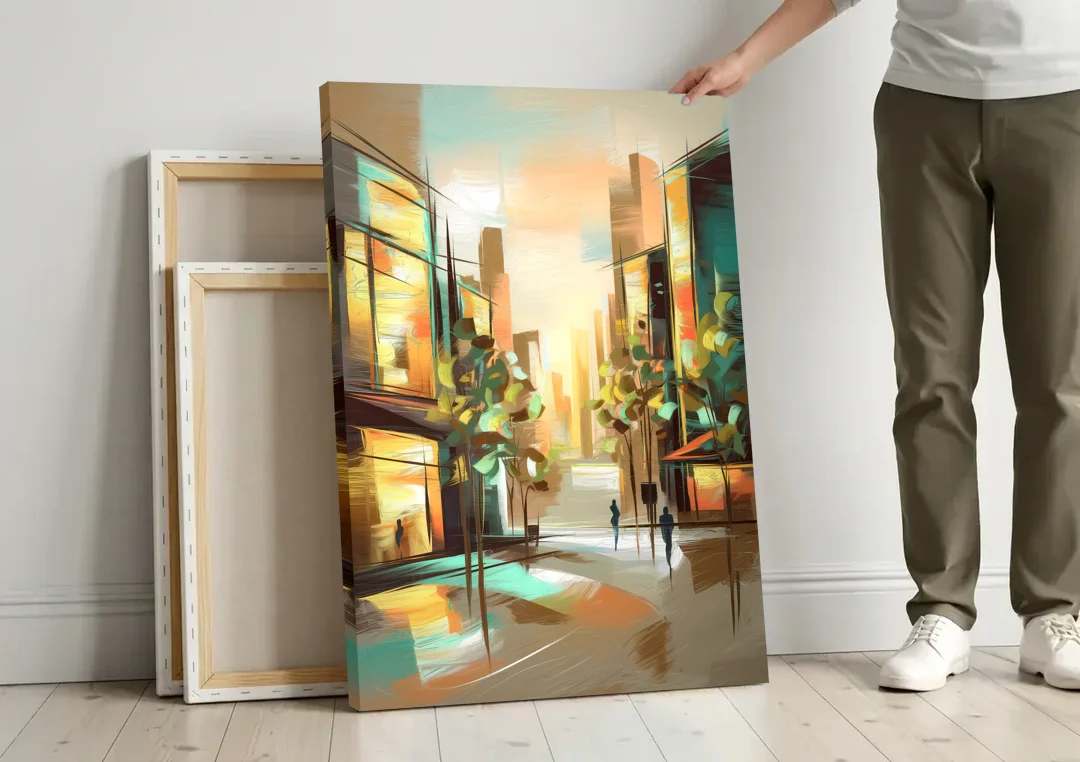 Greenville Urban Charm canvas wall art leaning against a wall next to blank canvases