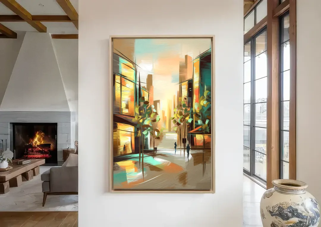 Greenville Urban Charm canvas wall art in a living room with a fireplace