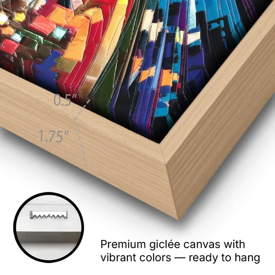 Greenville Vibrant Cityscape - Oak Framed Canvas Wall Art - Gallery Wrap Corner