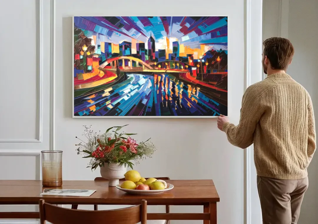 Greenville Vibrant Cityscape canvas wall art above a dining table