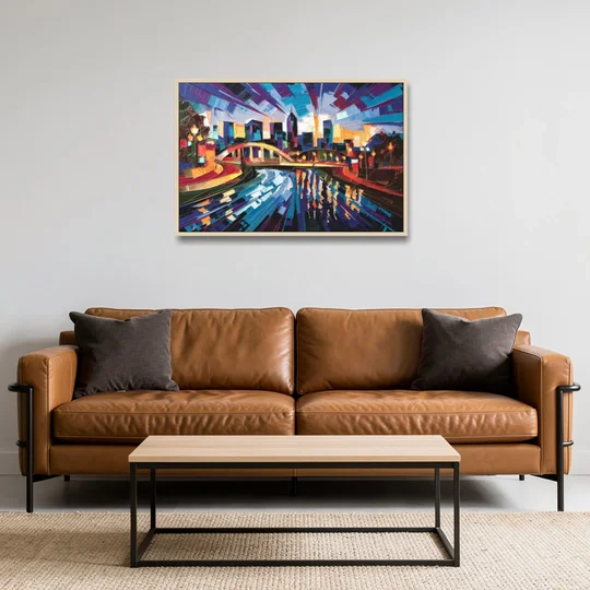 Greenville Vibrant Cityscape - Oak Framed Canvas Wall Art - Sofa - 36x24