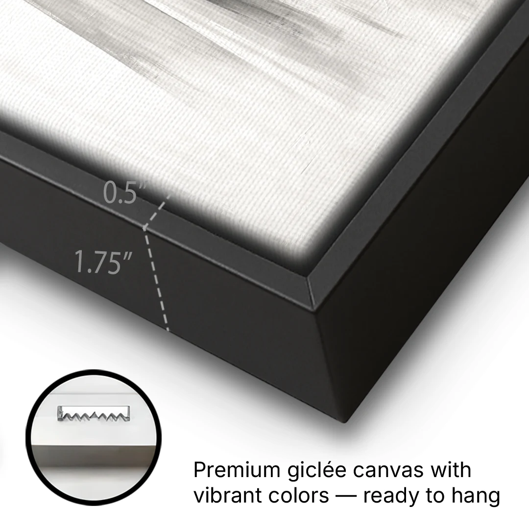 Grey and White Abstract Painting of Hanging Veils - Black Framed Canvas Wall Art - Gallery Wrap Corner