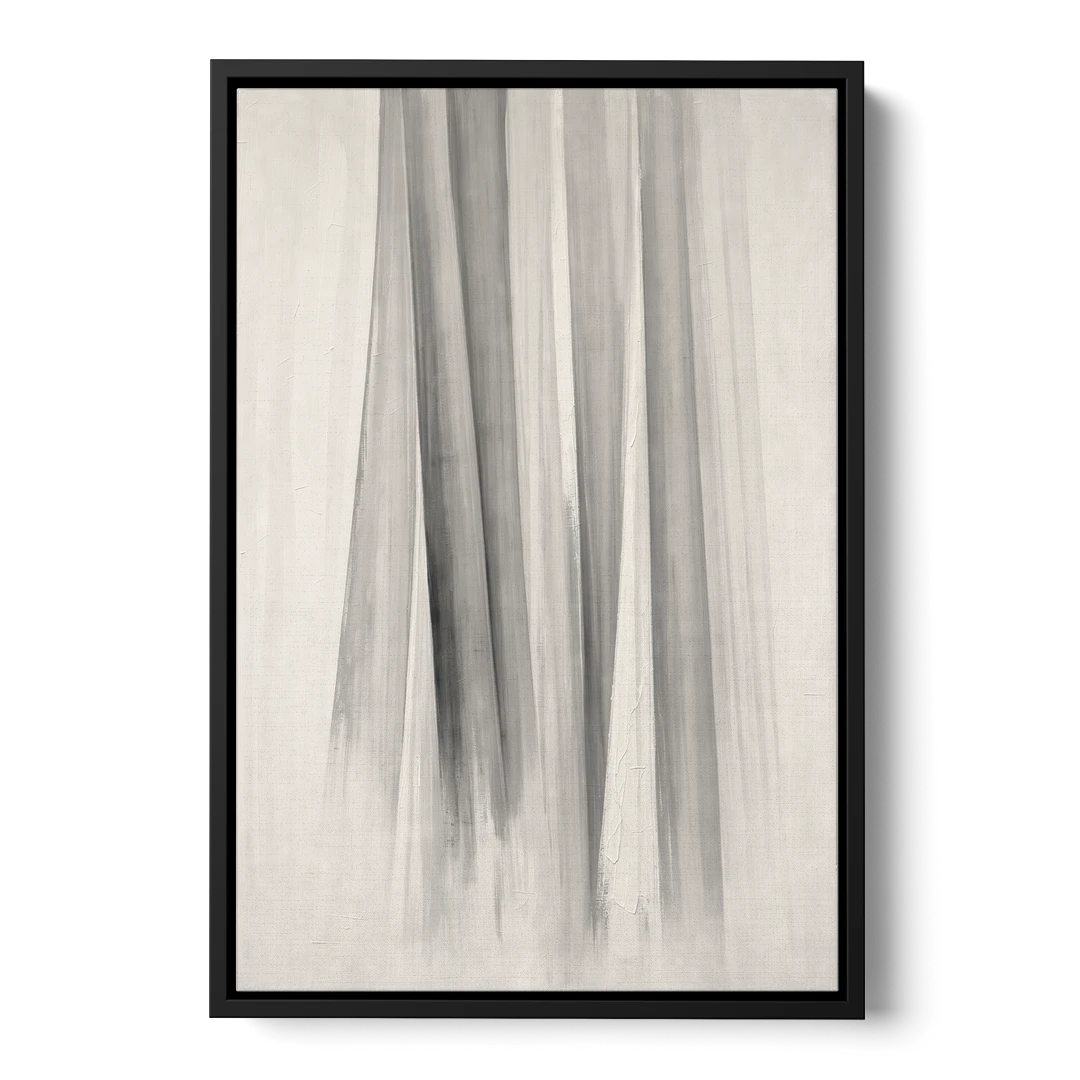Grey and White Abstract Painting of Hanging Veils - Black Framed Canvas Wall Art - Front