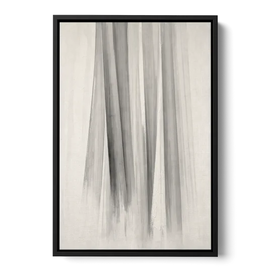 Grey and White Abstract Painting of Hanging Veils - Black Framed Canvas Wall Art - Front
