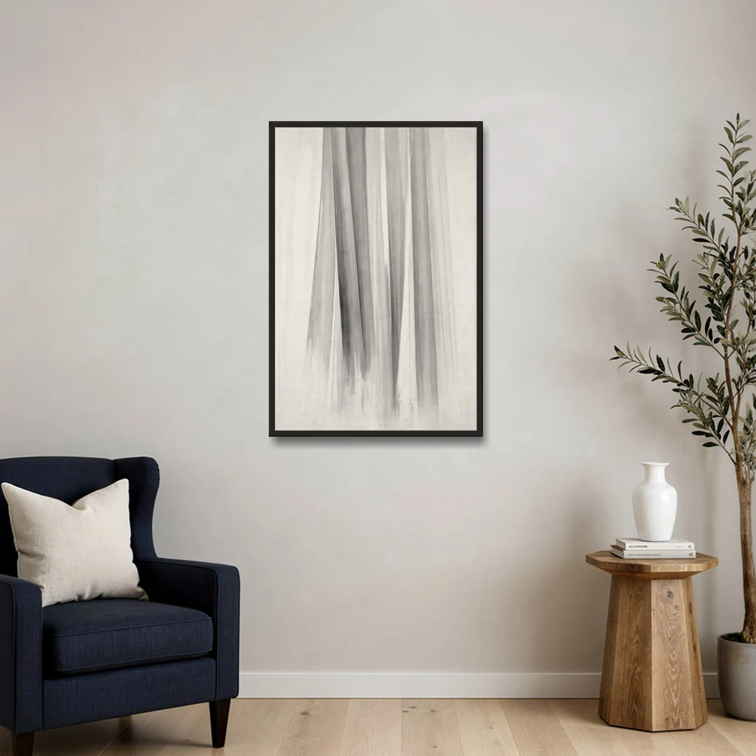 Grey and White Abstract Painting of Hanging Veils - Black Framed Canvas Wall Art - Sofa - 24x36