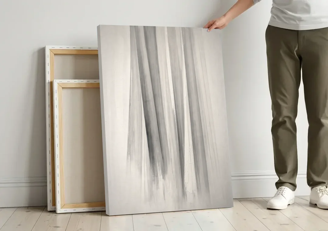 Grey and White Abstract Painting of Hanging Veils canvas wall art leaning against a wall next to blank canvases