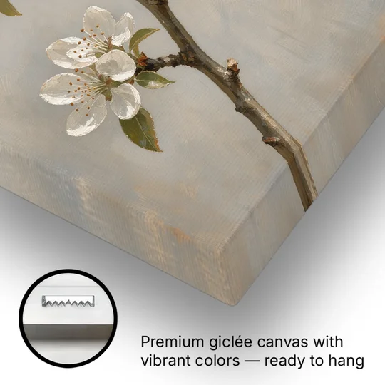 Grey Floral Wall Art with Pear Blossom Stem - Canvas Wall Art - Gallery Wrap Corner