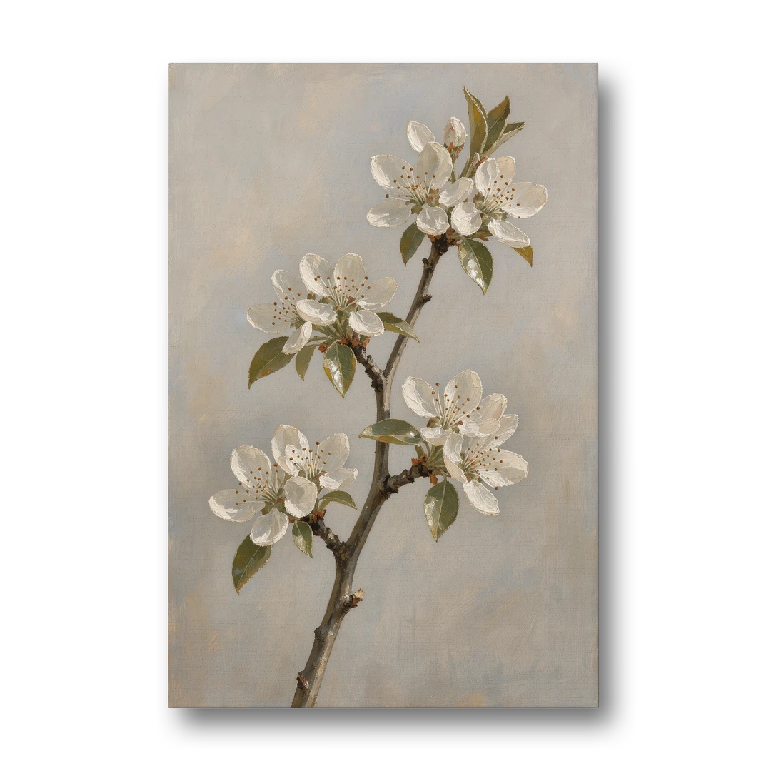Grey Floral Wall Art with Pear Blossom Stem - Canvas Wall Art - Front