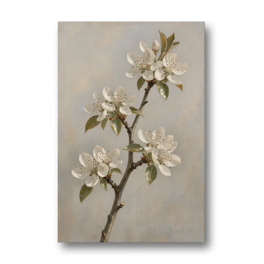 Grey Floral Wall Art with Pear Blossom Stem - Canvas Wall Art - Front