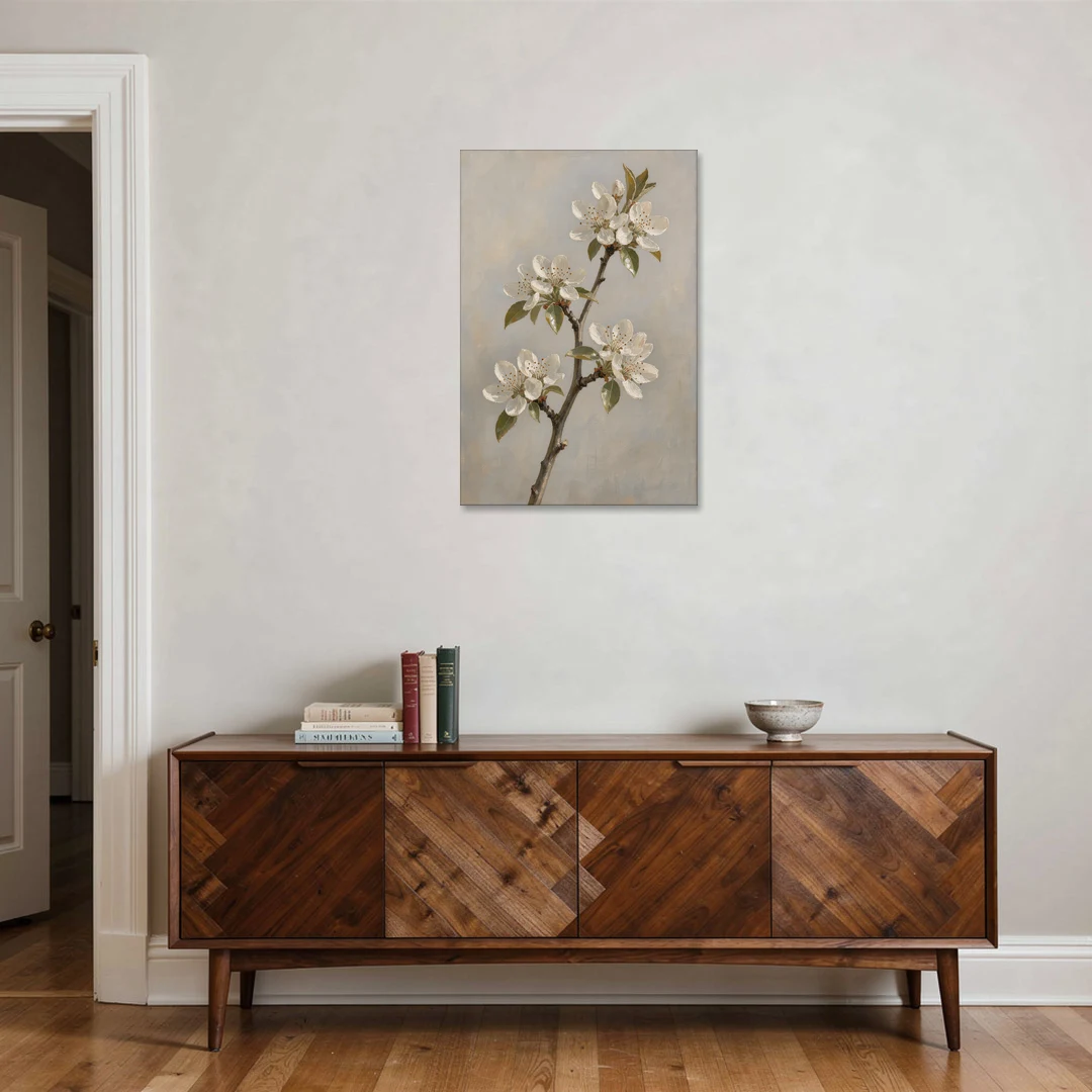Grey Floral Wall Art with Pear Blossom Stem - Canvas Wall Art - Coffee Table - 24x36