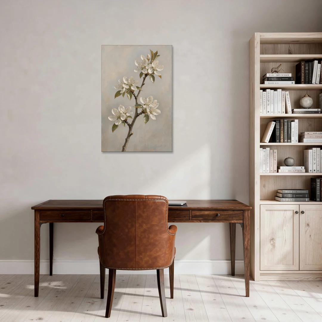 Grey Floral Wall Art with Pear Blossom Stem - Canvas Wall Art - Office - 24x36