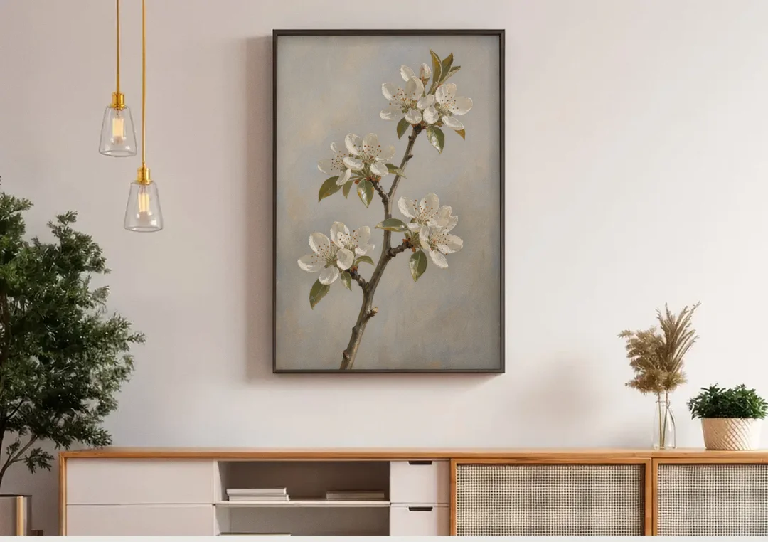 Grey Floral Wall Art with Pear Blossom Stem canvas wall art above a wooden sideboard under pendant lights