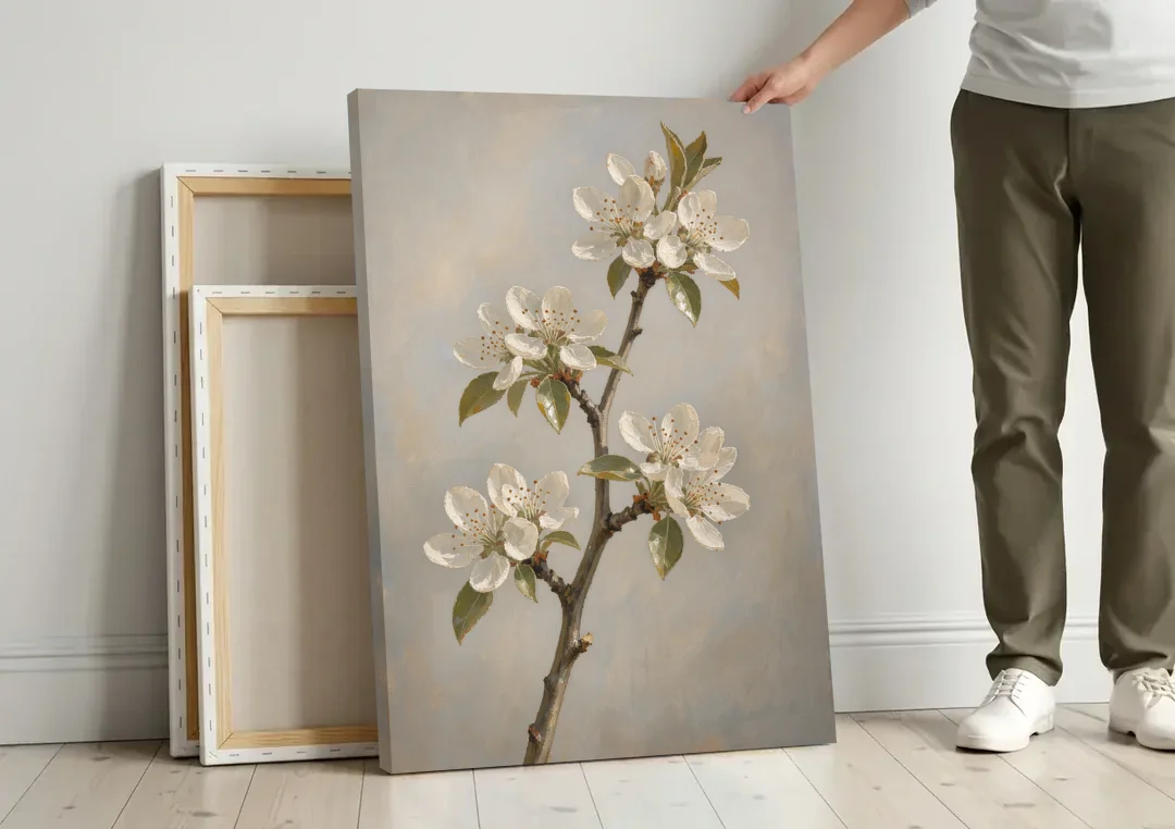 Grey Floral Wall Art with Pear Blossom Stem canvas wall art leaning against a wall next to blank canvases