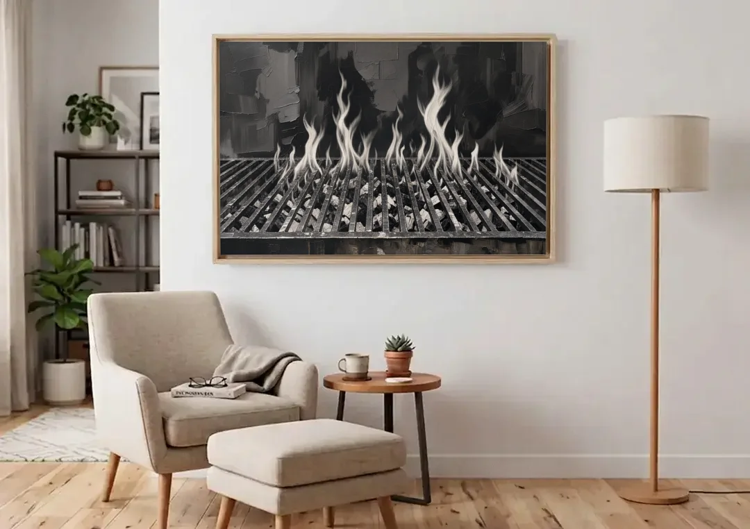 Grill Wall Art of Flames Through the Grate canvas wall art above an armchair in a bright living room
