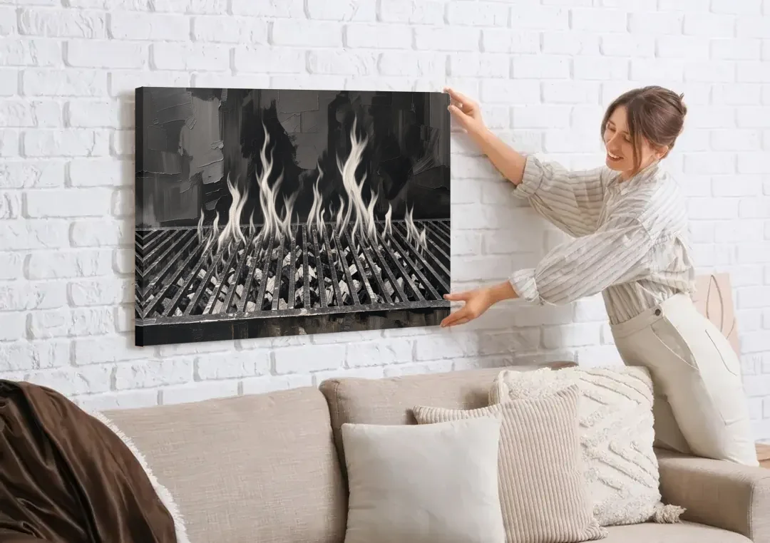 Grill Wall Art of Flames Through the Grate canvas wall art being hung on a white brick wall above a sofa