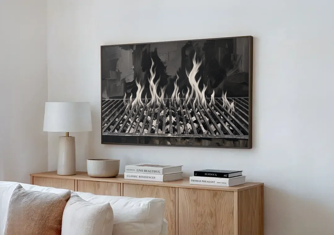 Grill Wall Art of Flames Through the Grate canvas wall art above a wooden sideboard next to a sofa