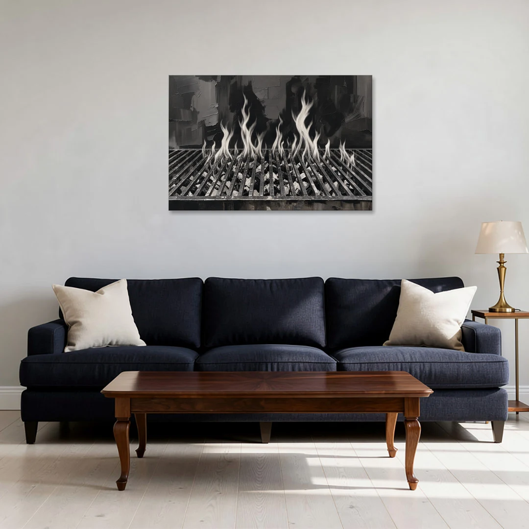 Grill Wall Art of Flames Through the Grate - Canvas Wall Art - Sofa - 36x24