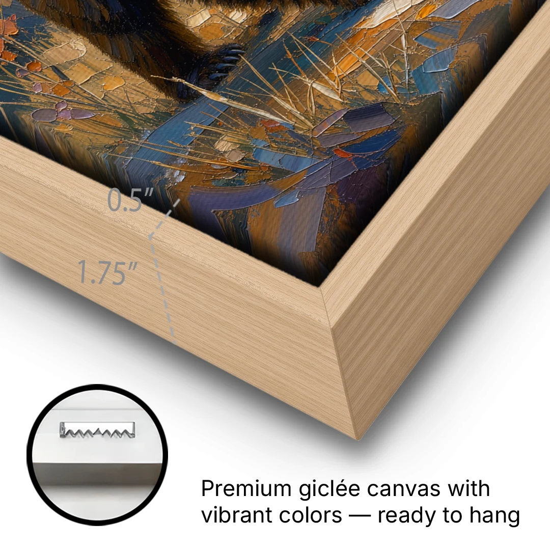 Grizzly in the Dusk Pines for the Man Cave - Oak Framed Canvas Wall Art - Gallery Wrap Corner