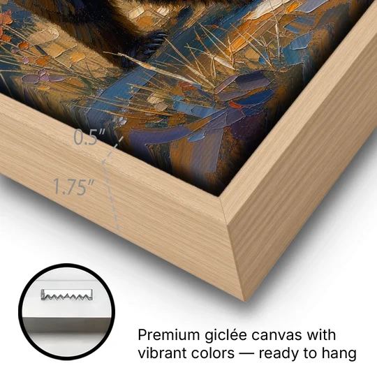 Grizzly in the Dusk Pines for the Man Cave - Oak Framed Canvas Wall Art - Gallery Wrap Corner