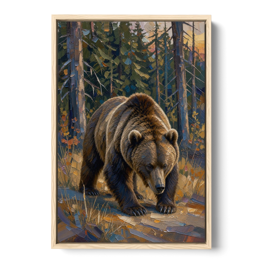 Grizzly in the Dusk Pines for the Man Cave - Oak Framed Canvas Wall Art - Front