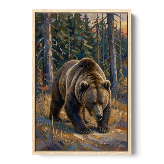 Grizzly in the Dusk Pines for the Man Cave - Oak Framed Canvas Wall Art - Front