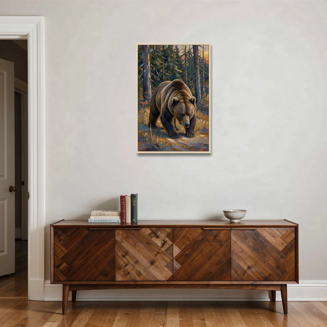 Grizzly in the Dusk Pines for the Man Cave - Oak Framed Canvas Wall Art - Coffee Table - 24x36