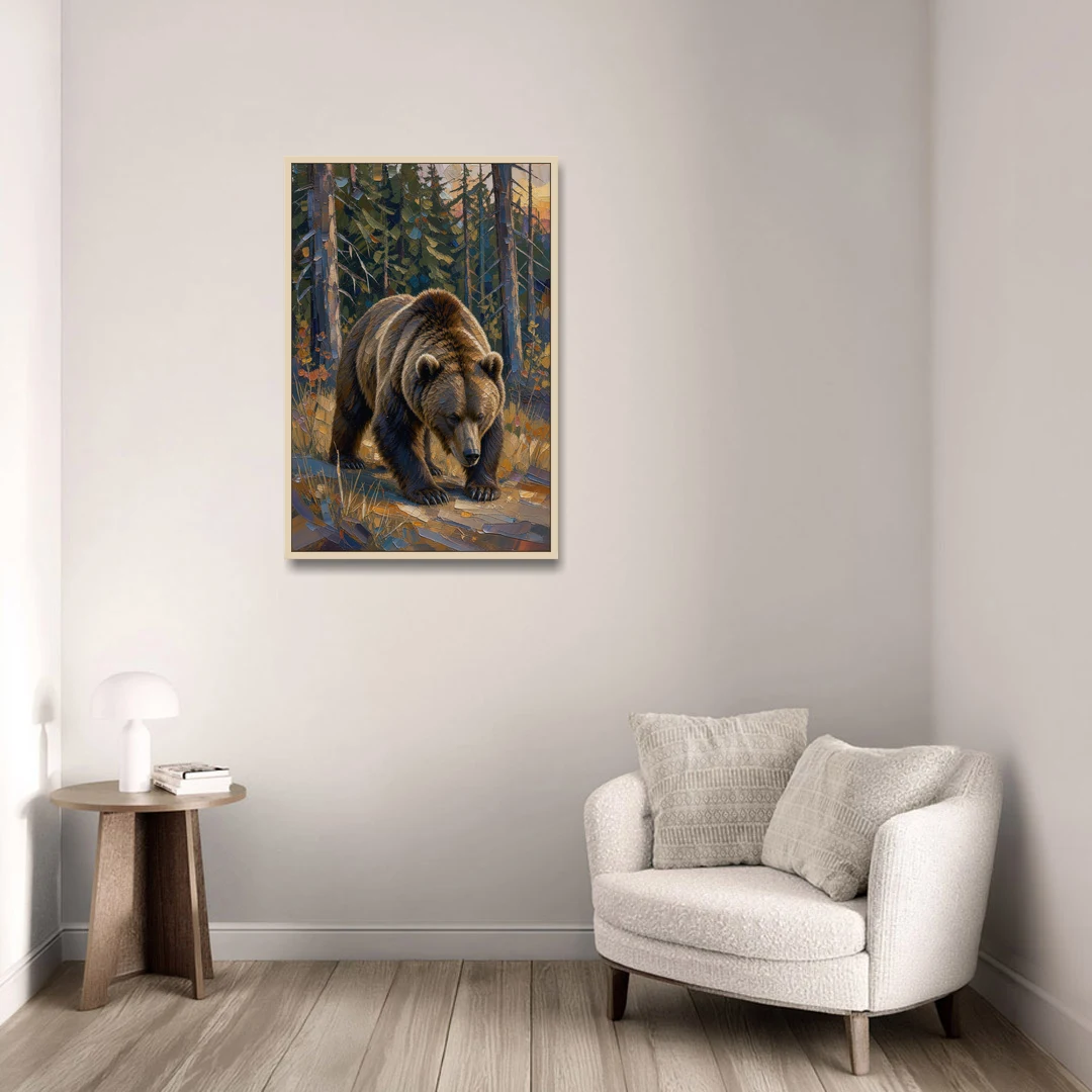 Grizzly in the Dusk Pines for the Man Cave - Oak Framed Canvas Wall Art - Sofa - 24x36