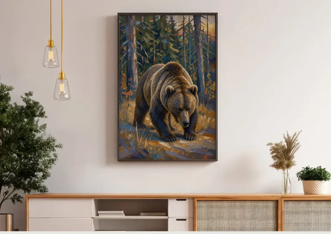 Grizzly in the Dusk Pines for the Man Cave canvas wall art above a wooden sideboard under pendant lights