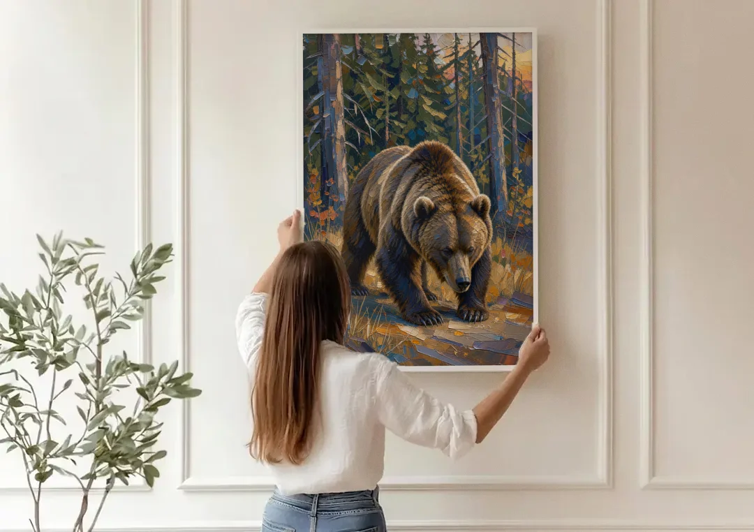 Grizzly in the Dusk Pines for the Man Cave canvas wall art being hung on a paneled wall