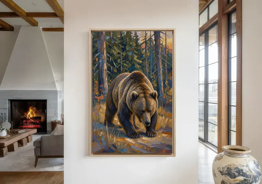 Grizzly in the Dusk Pines for the Man Cave canvas wall art in a living room with a fireplace