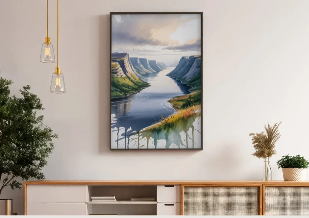 Gros Morne Fjords canvas wall art above a wooden sideboard under pendant lights