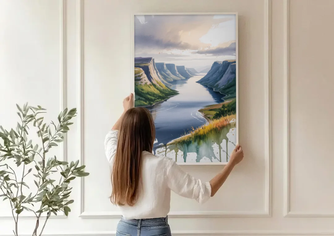 Gros Morne Fjords canvas wall art being hung on a paneled wall