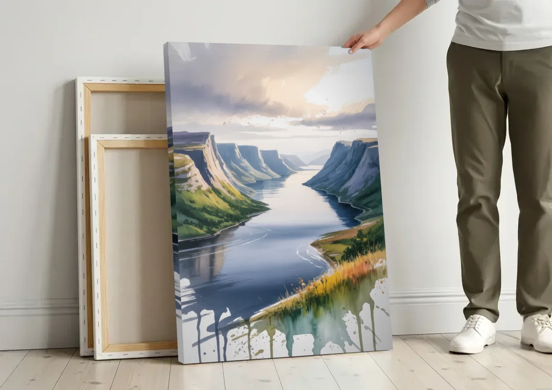 Gros Morne Fjords canvas wall art leaning against a wall next to blank canvases