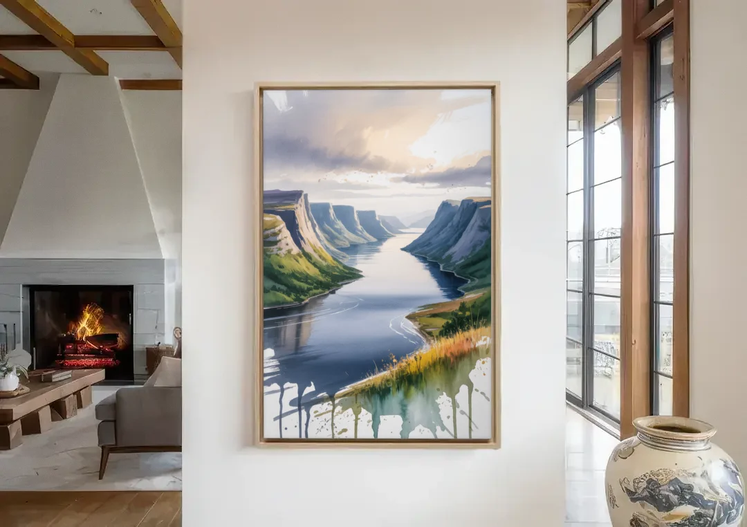 Gros Morne Fjords canvas wall art in a living room with a fireplace