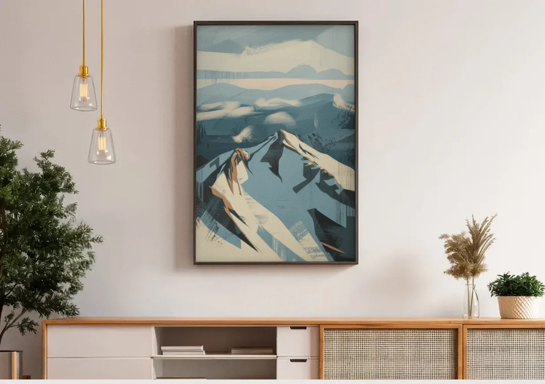 Grouse Mountain Snow View canvas wall art above a wooden sideboard under pendant lights