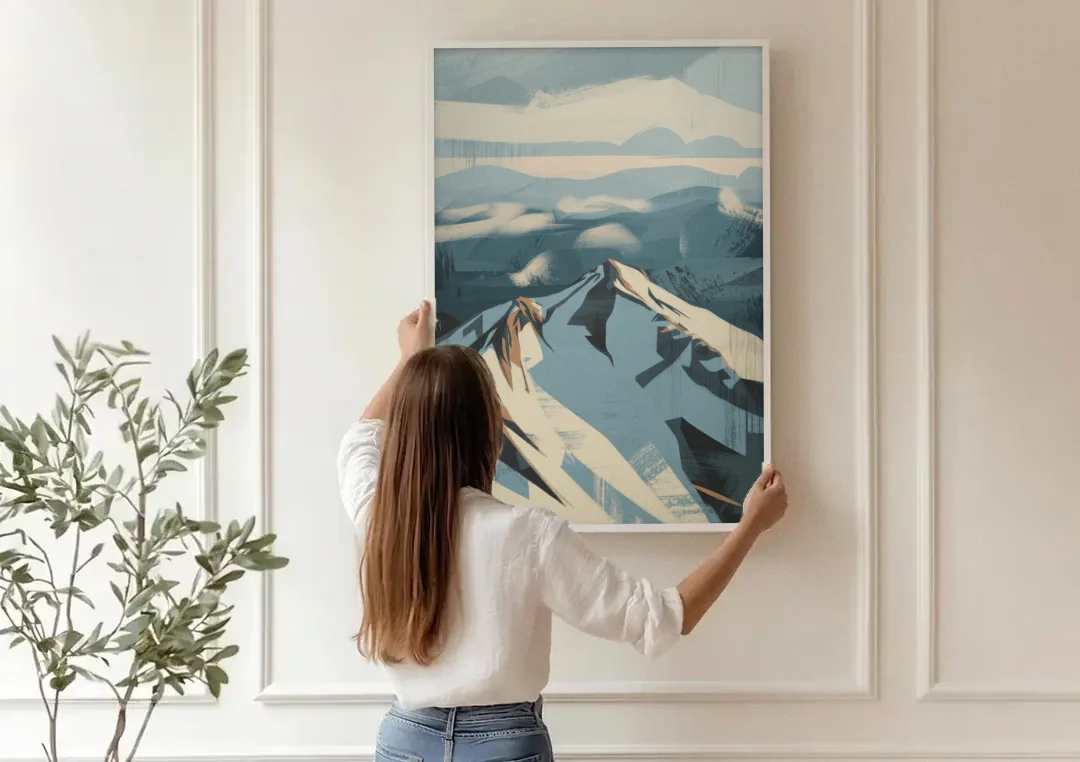 Grouse Mountain Snow View canvas wall art being hung on a paneled wall