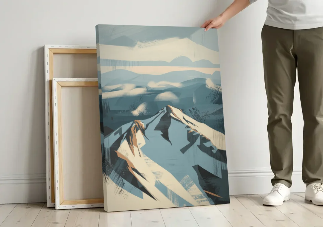 Grouse Mountain Snow View canvas wall art leaning against a wall next to blank canvases