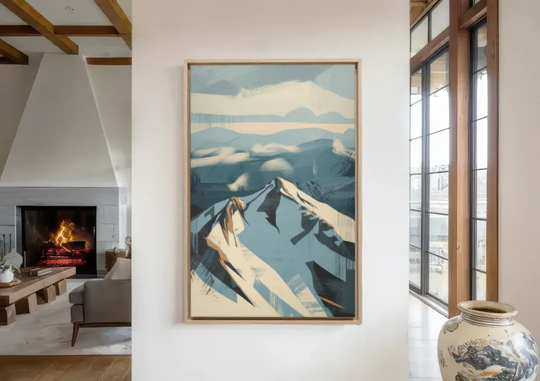 Grouse Mountain Snow View canvas wall art in a living room with a fireplace