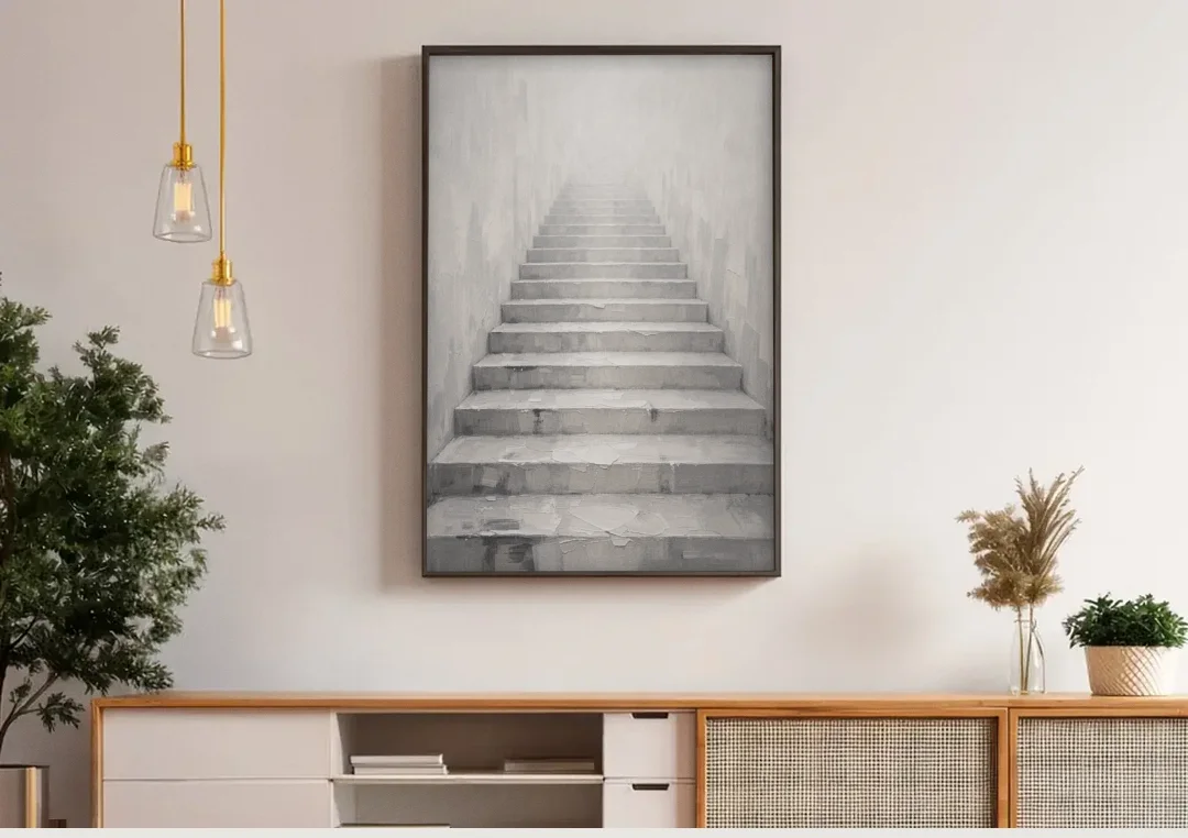 Growth Mindset Wall Art with Misty Stone Steps canvas wall art above a wooden sideboard under pendant lights