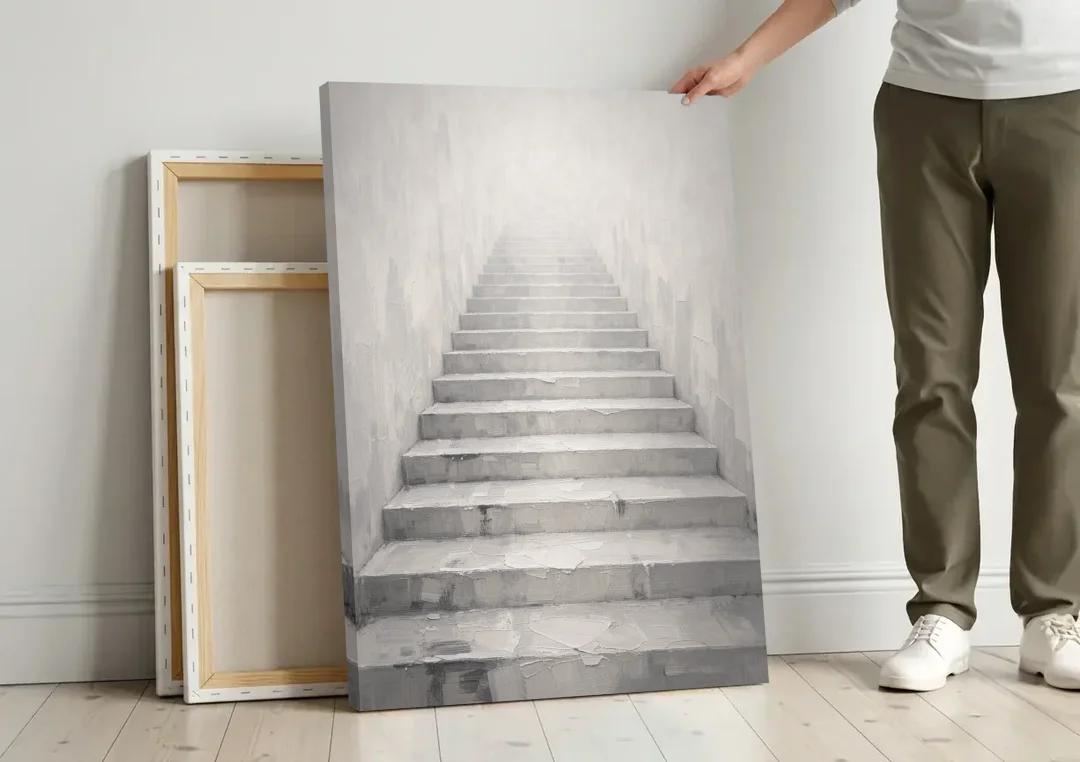 Growth Mindset Wall Art with Misty Stone Steps canvas wall art leaning against a wall next to blank canvases