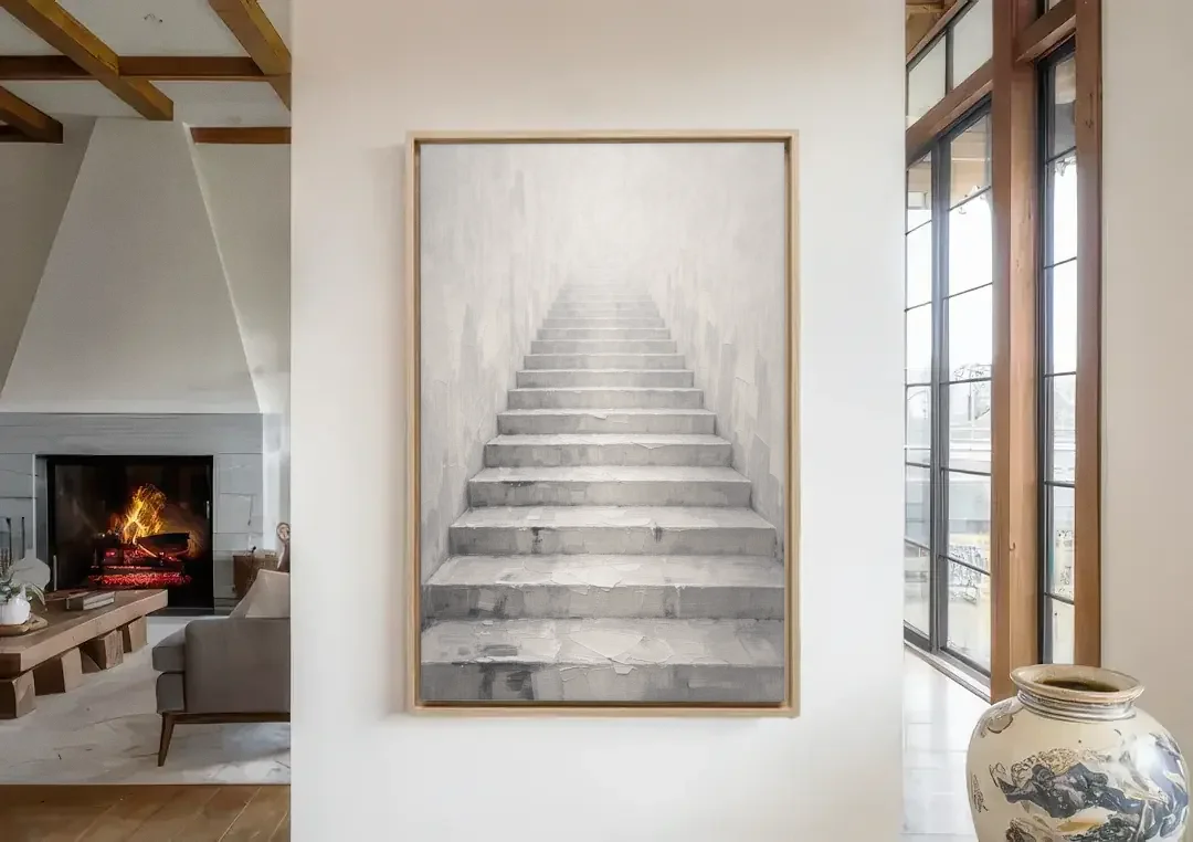 Growth Mindset Wall Art with Misty Stone Steps canvas wall art in a living room with a fireplace