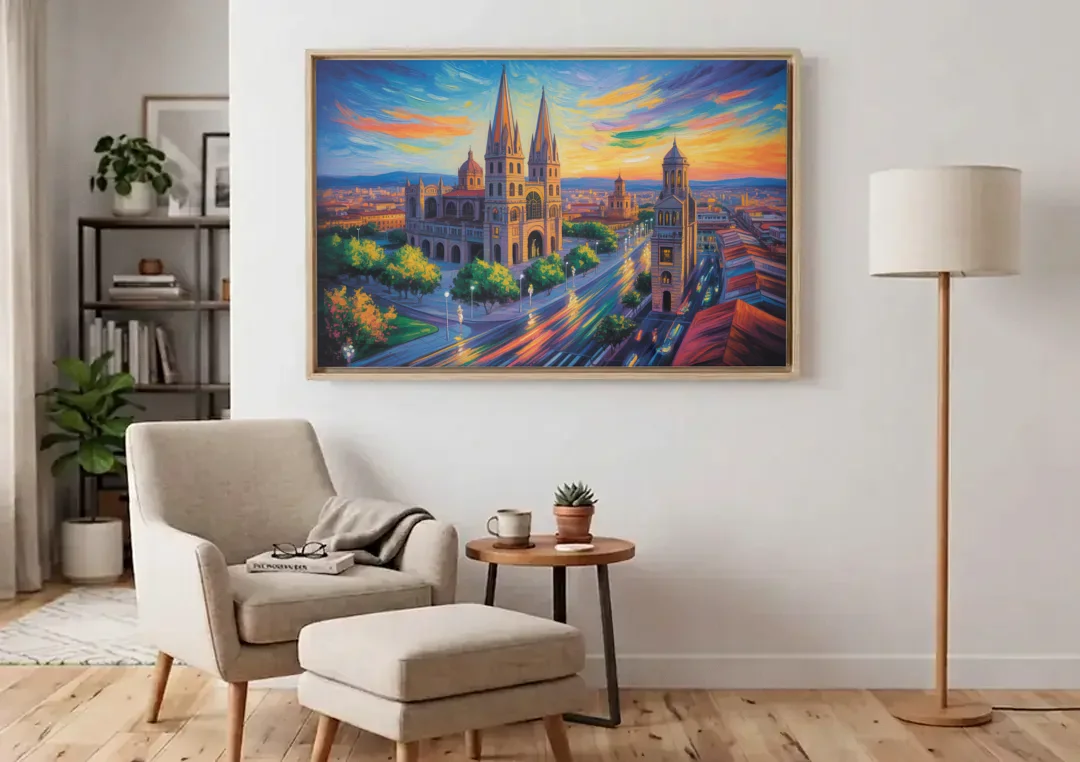 Guadalajara Cathedral canvas wall art above an armchair in a bright living room
