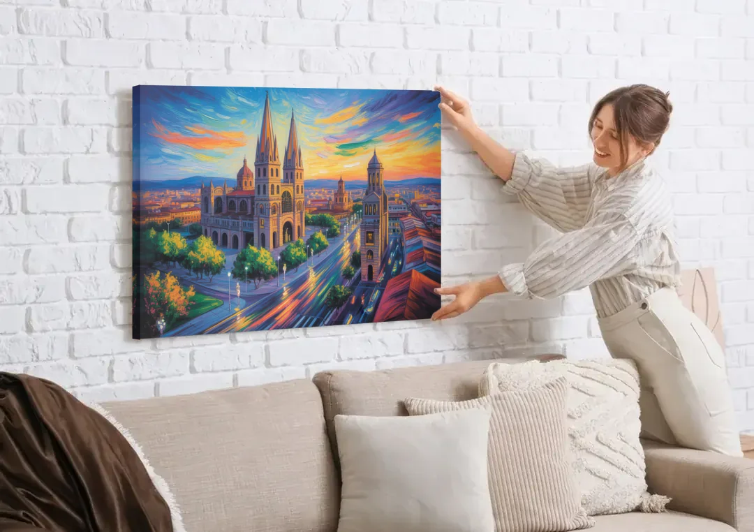 Guadalajara Cathedral canvas wall art being hung on a white brick wall above a sofa
