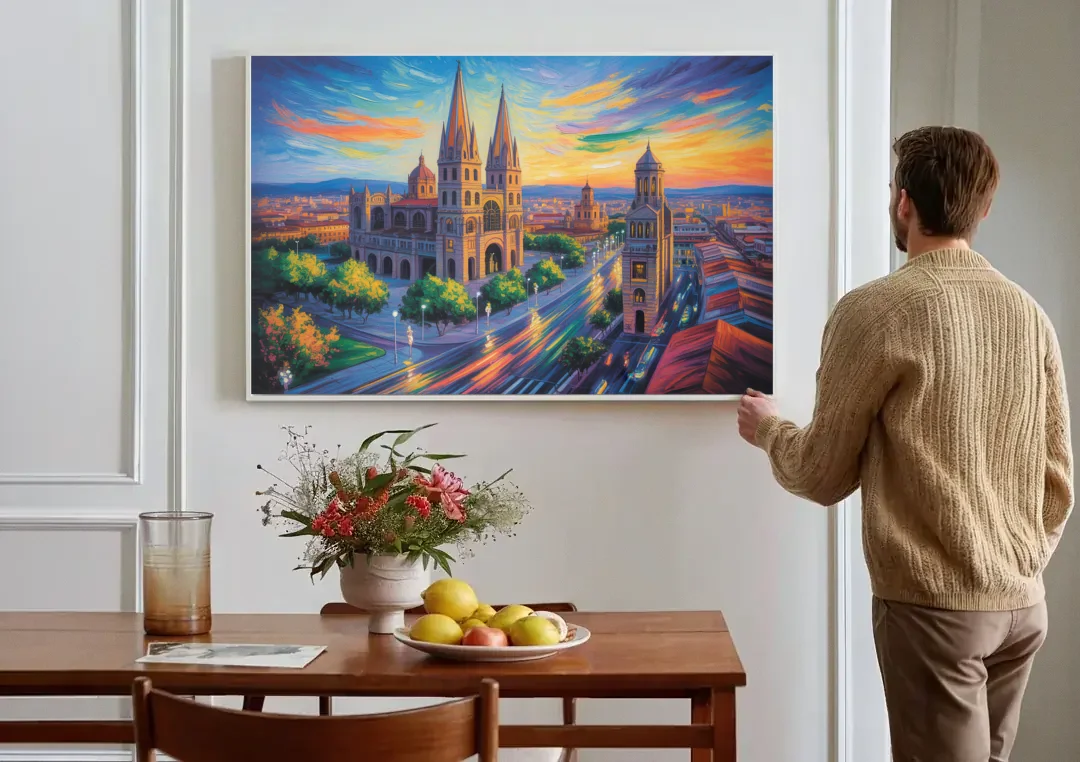 Guadalajara Cathedral canvas wall art above a dining table