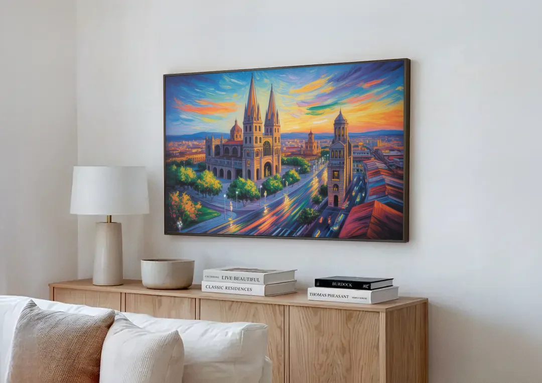 Guadalajara Cathedral canvas wall art above a wooden sideboard next to a sofa